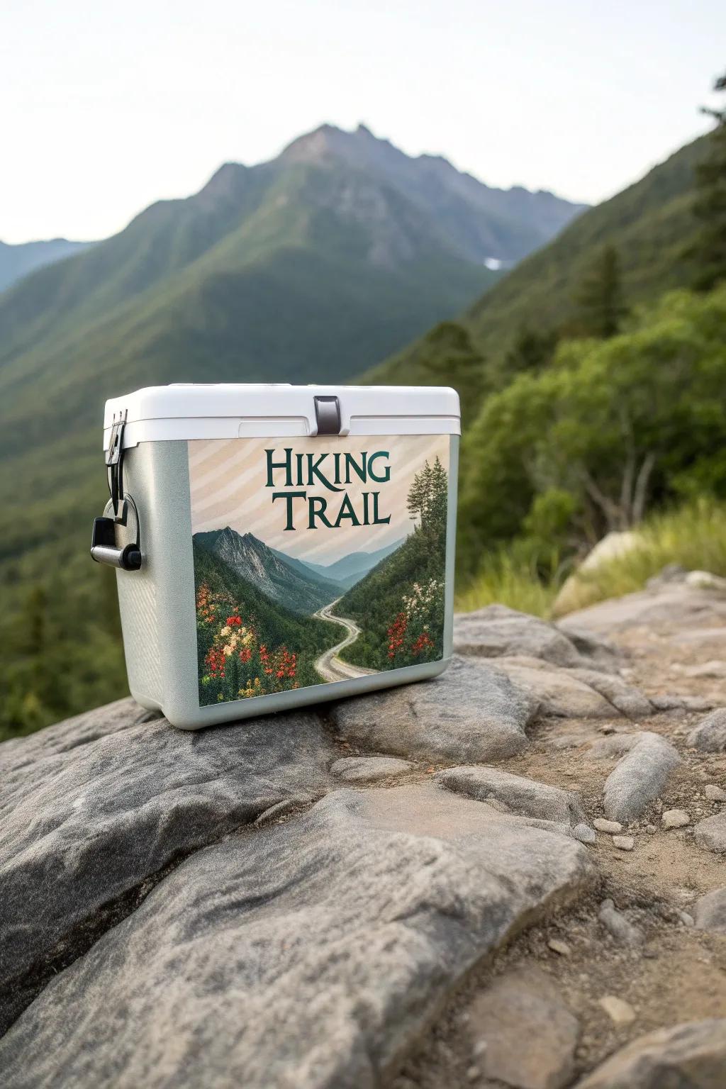 A cooler displaying bespoke visuals of a beloved mountain route.