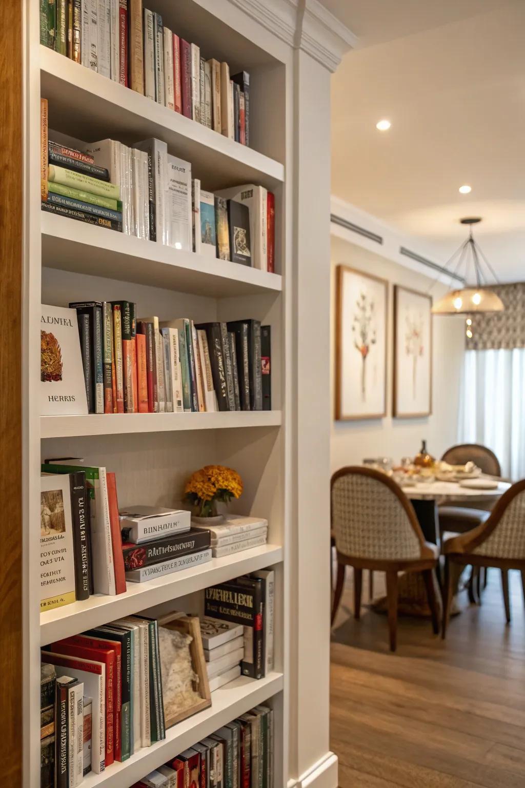 A compact library adds appeal and curiosity to your dining area.