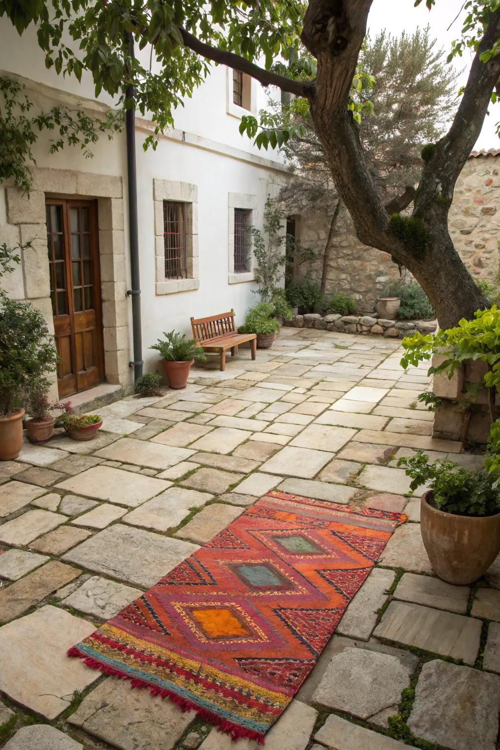 Incorporate outdoor rugs to design an inviting atmosphere on your courtyard pavers.