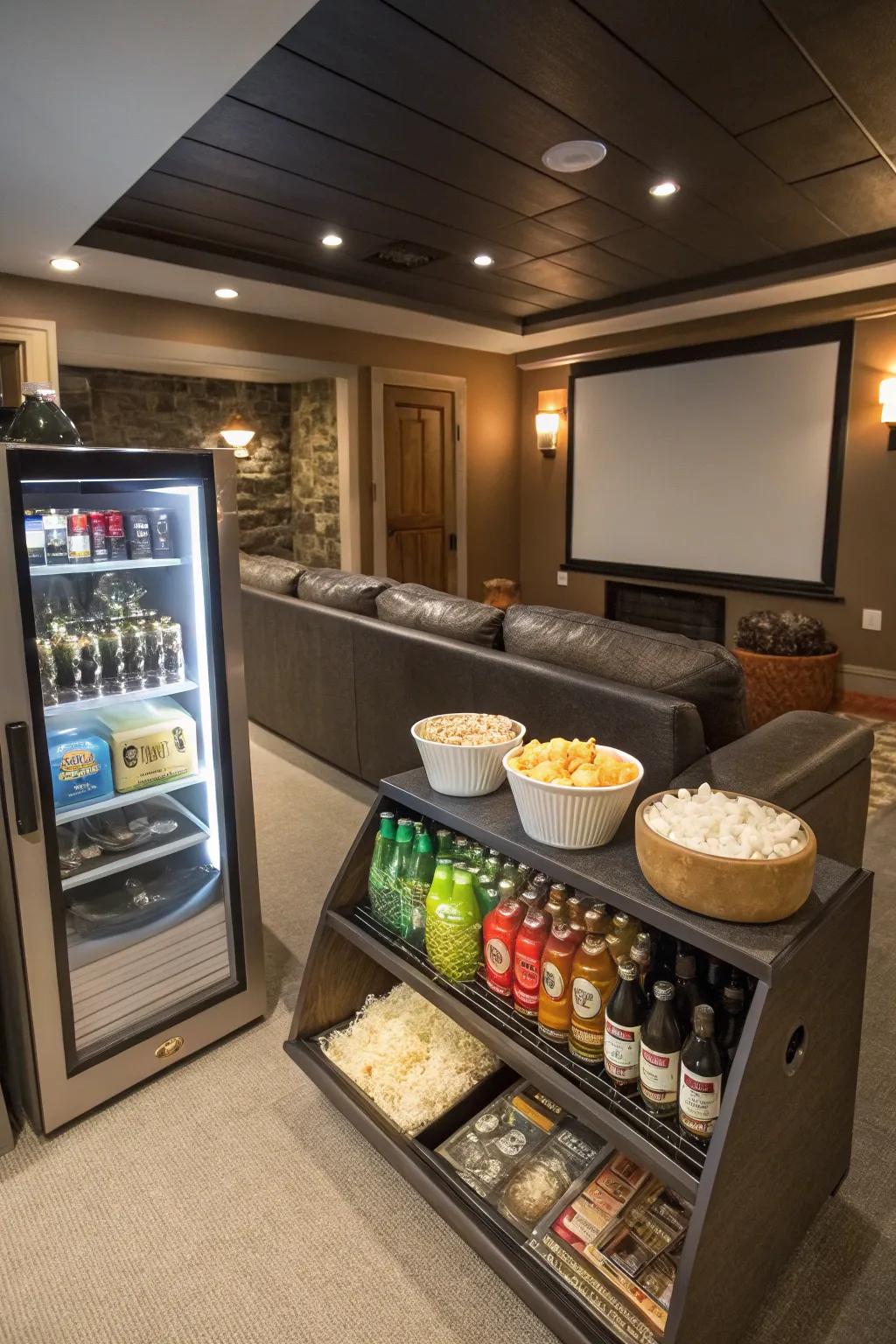 A snack corner with a popcorn machine enhances the movie experience.