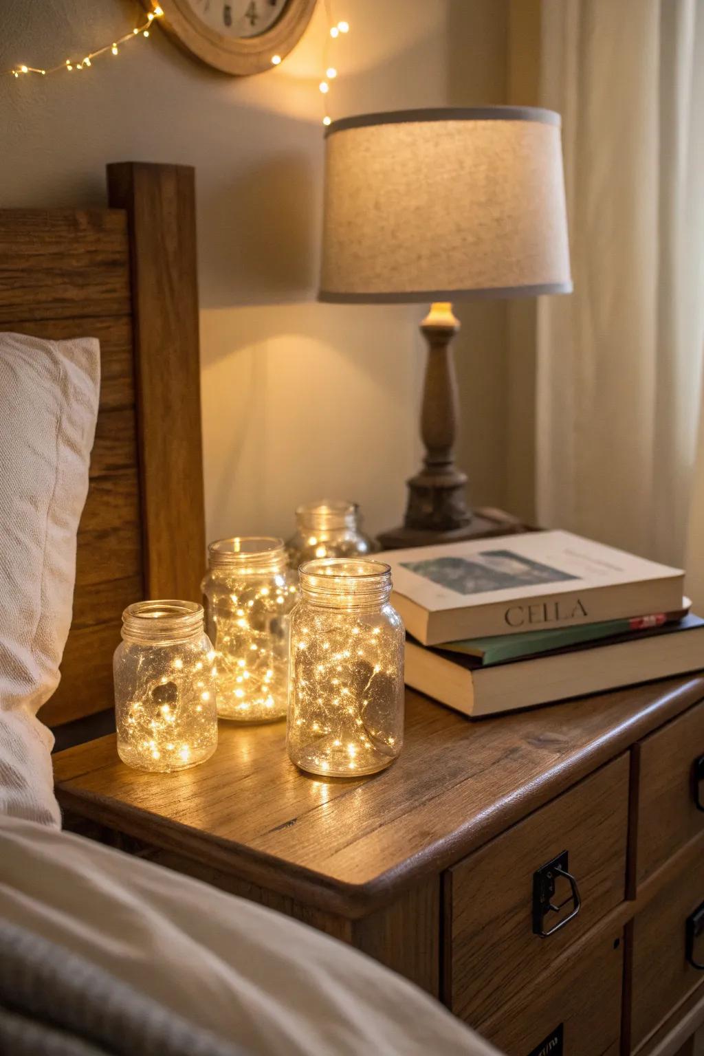 Glass containers filled with sparkle lights on a bedside table.