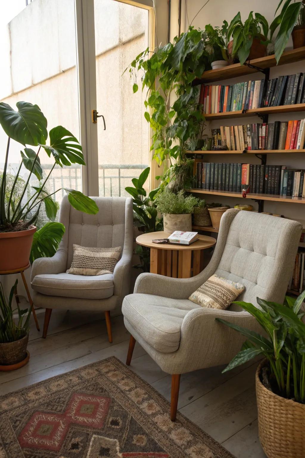 Plants bring vibrancy and a refreshing touch to a cozy reading corner.
