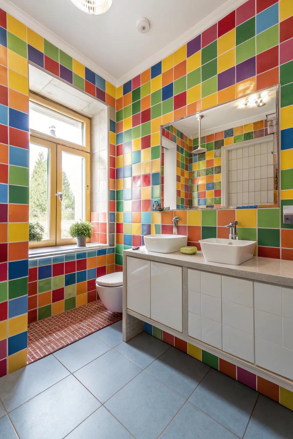 A bathroom showcasing vibrant, multicolored tiles that create an instant visual impact.