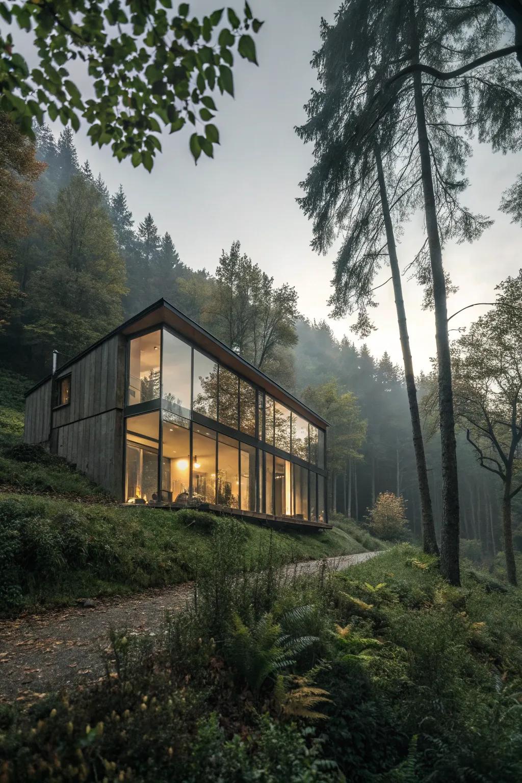 A mirrored residence disappearing into its wooded environment.