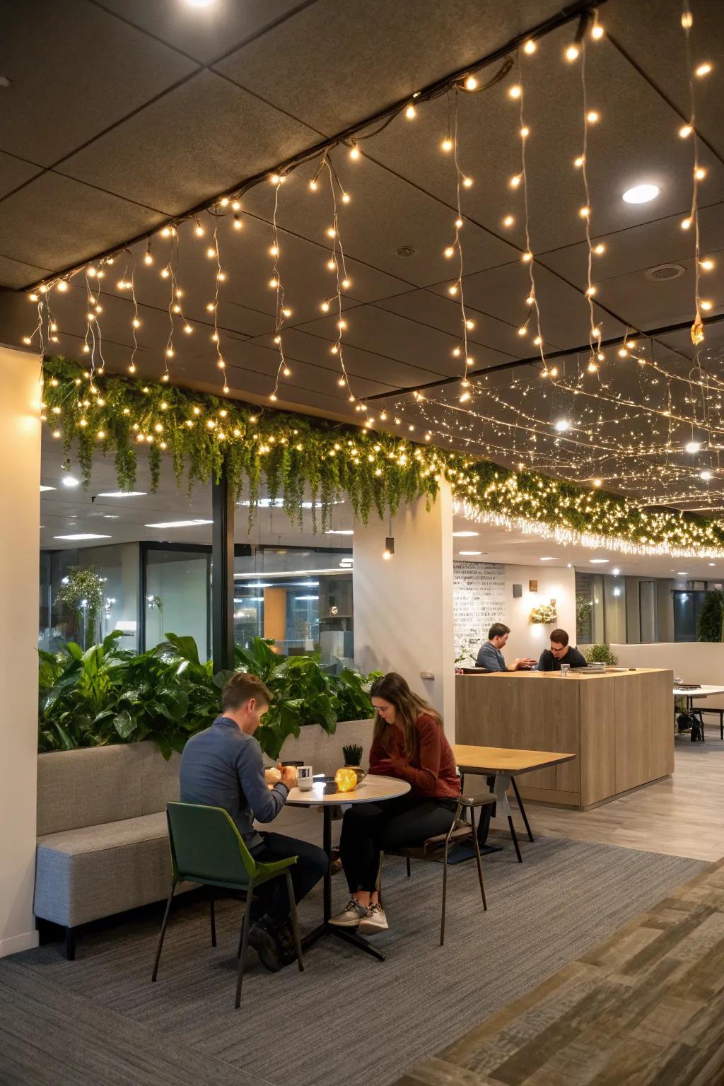 Twinkling illuminations fashion an enchanting shelter in the office.