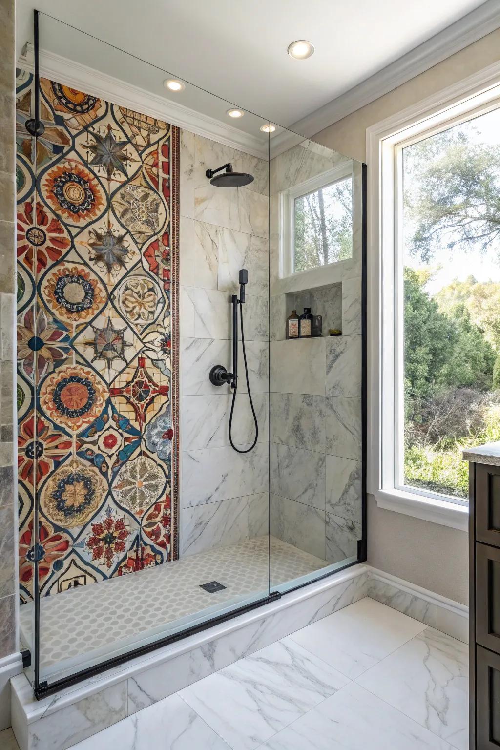 A featured wall can elevate the visual impact of your refined marble alternative shower.