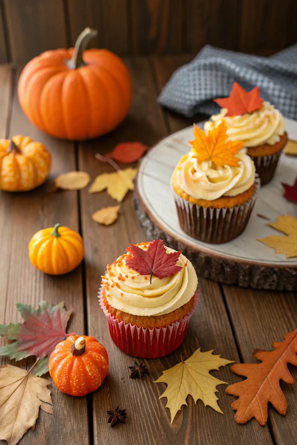 Seasonal decorations bring a festive touch to the cupcake presentation.