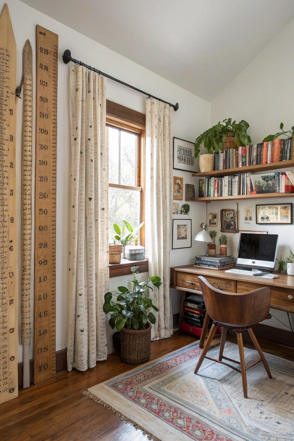 Vintage measuring sticks as curtain rods deliver an alluring retro nostalgia.
