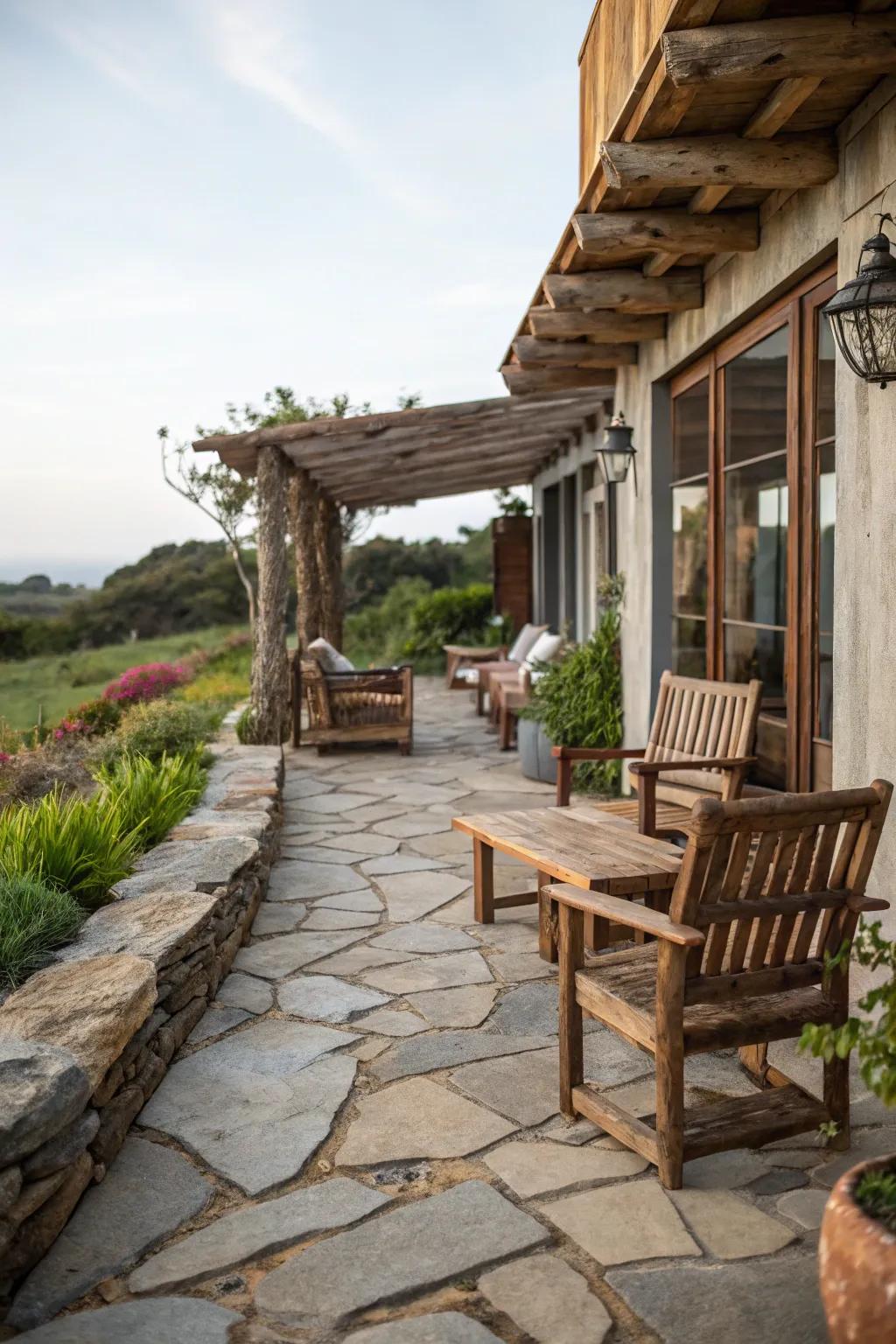 A patio displaying a harmonious fusion of stone and timber for a textured visual.