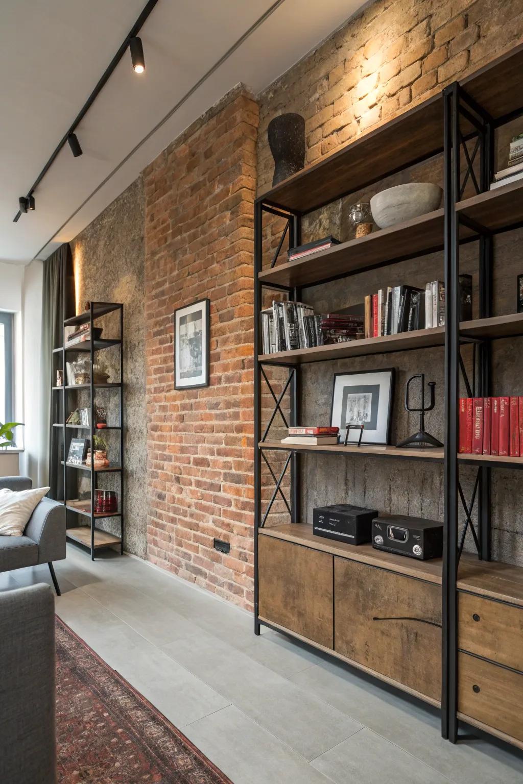 Urban-inspired shelving adding character and storage to the room