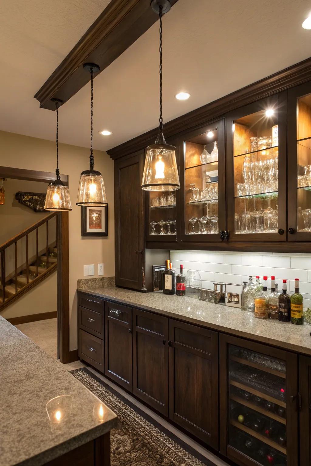 Atmospheric lighting enhances the mood of this home bar.