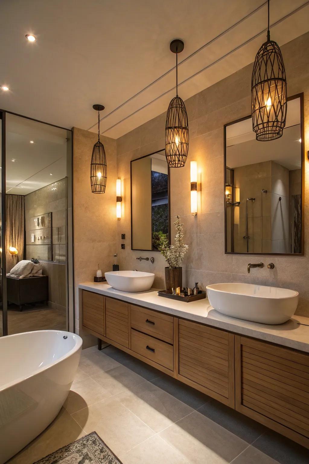 Modern lighting fixtures elevate the ambiance of your restroom.