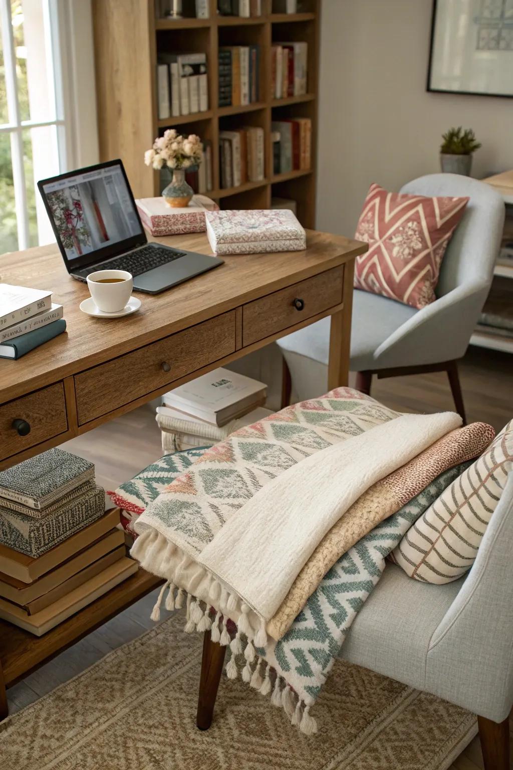 A desk featuring combined fabrics for a cozy and textured environment.