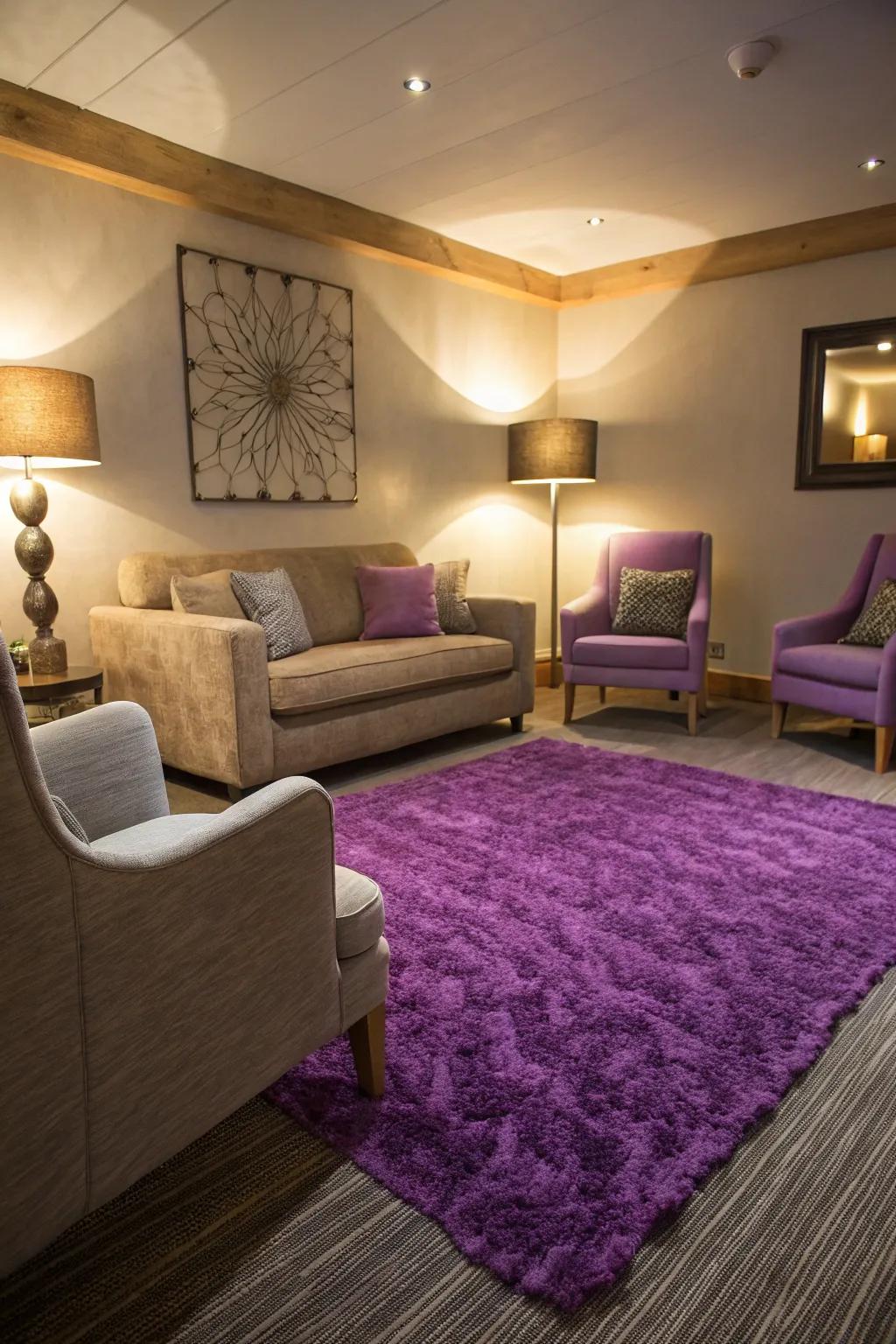 A statement violet ground rug anchoring the space.
