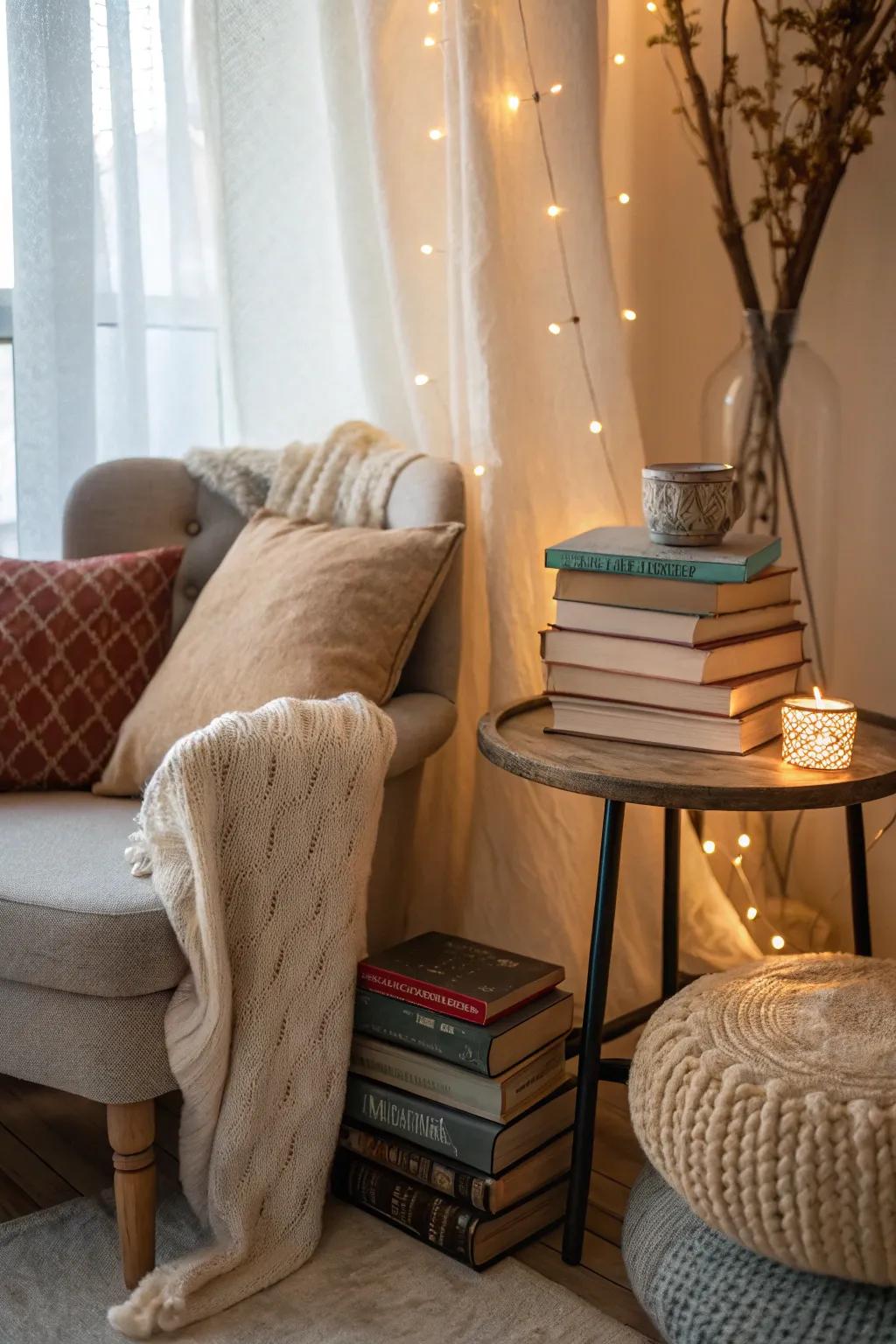 An endearing perusal alcove, tempting for tranquil moments and an engaging literary work.