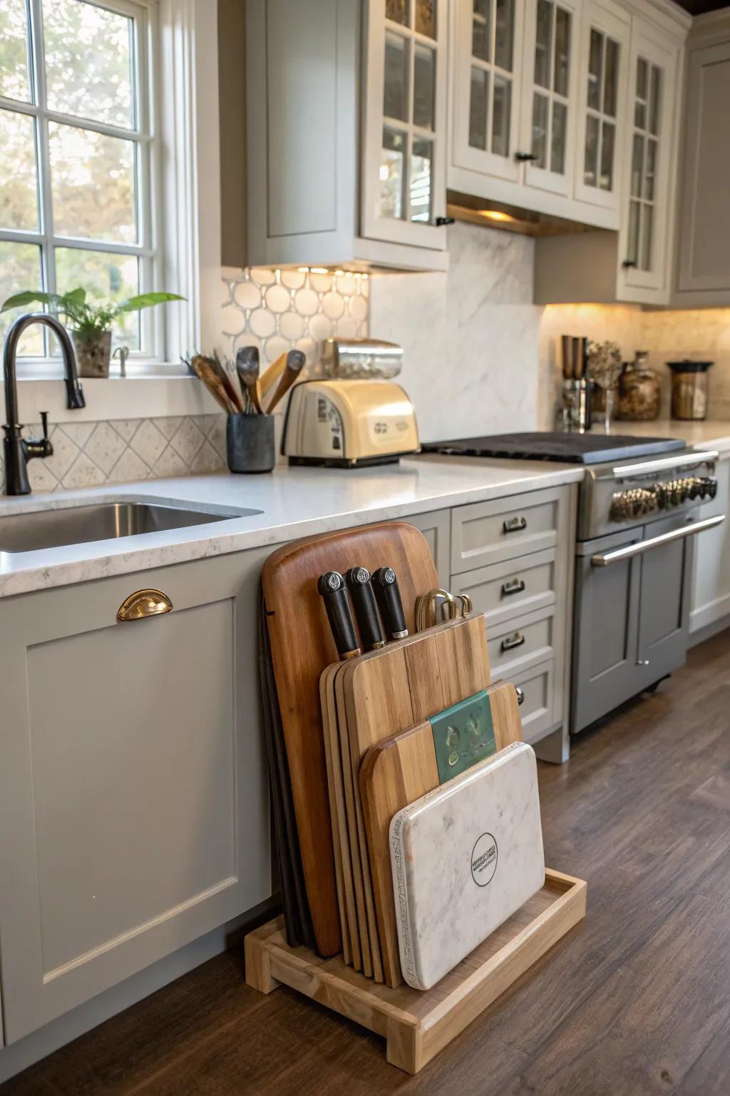 Custom design elements integrating chopping surface storage.