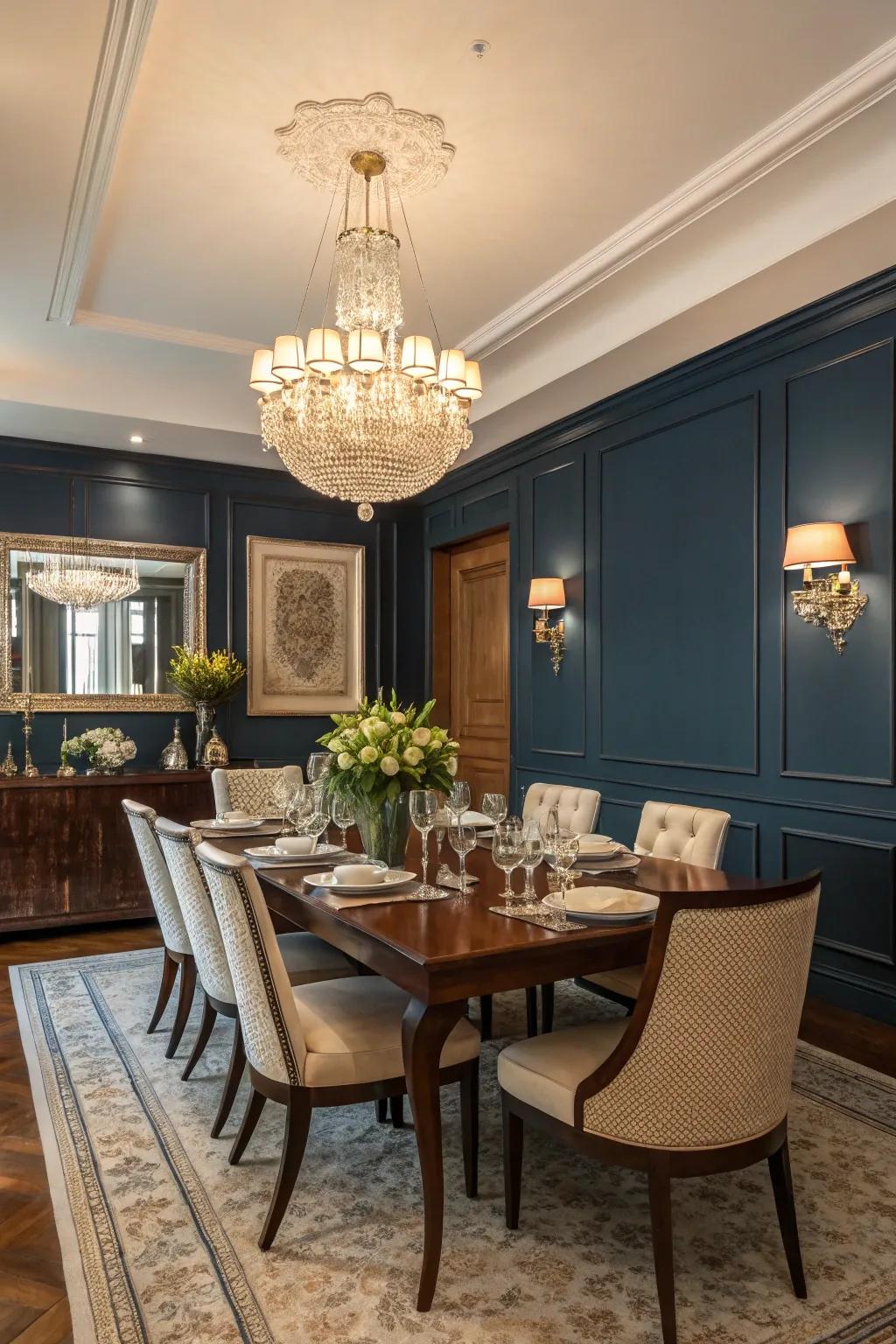 A navy feature wall makes a striking impression.