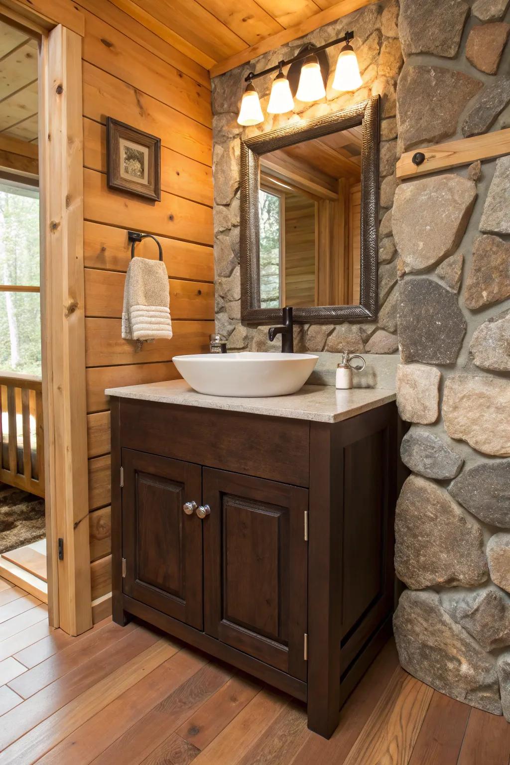Raw stone complements the country charm of a deep cocoa dressing table.
