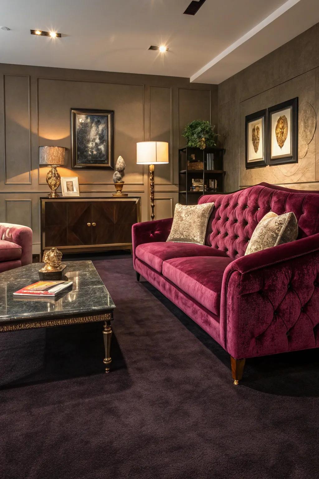 Luxurious materials enhance a dark-toned floor covering's elegance.