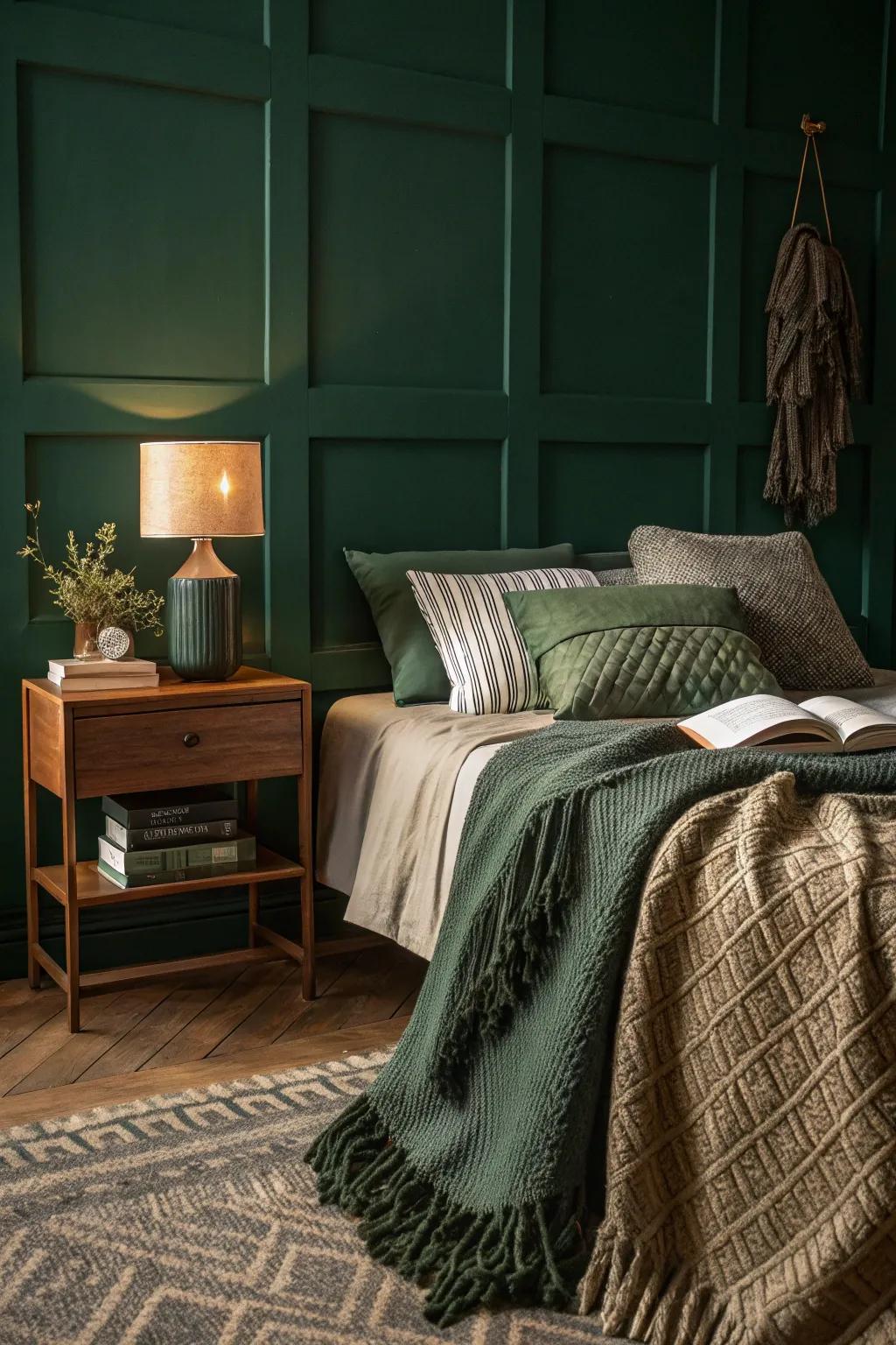 A shaded-green bedroom presenting designed throws and cushions to get added ease.