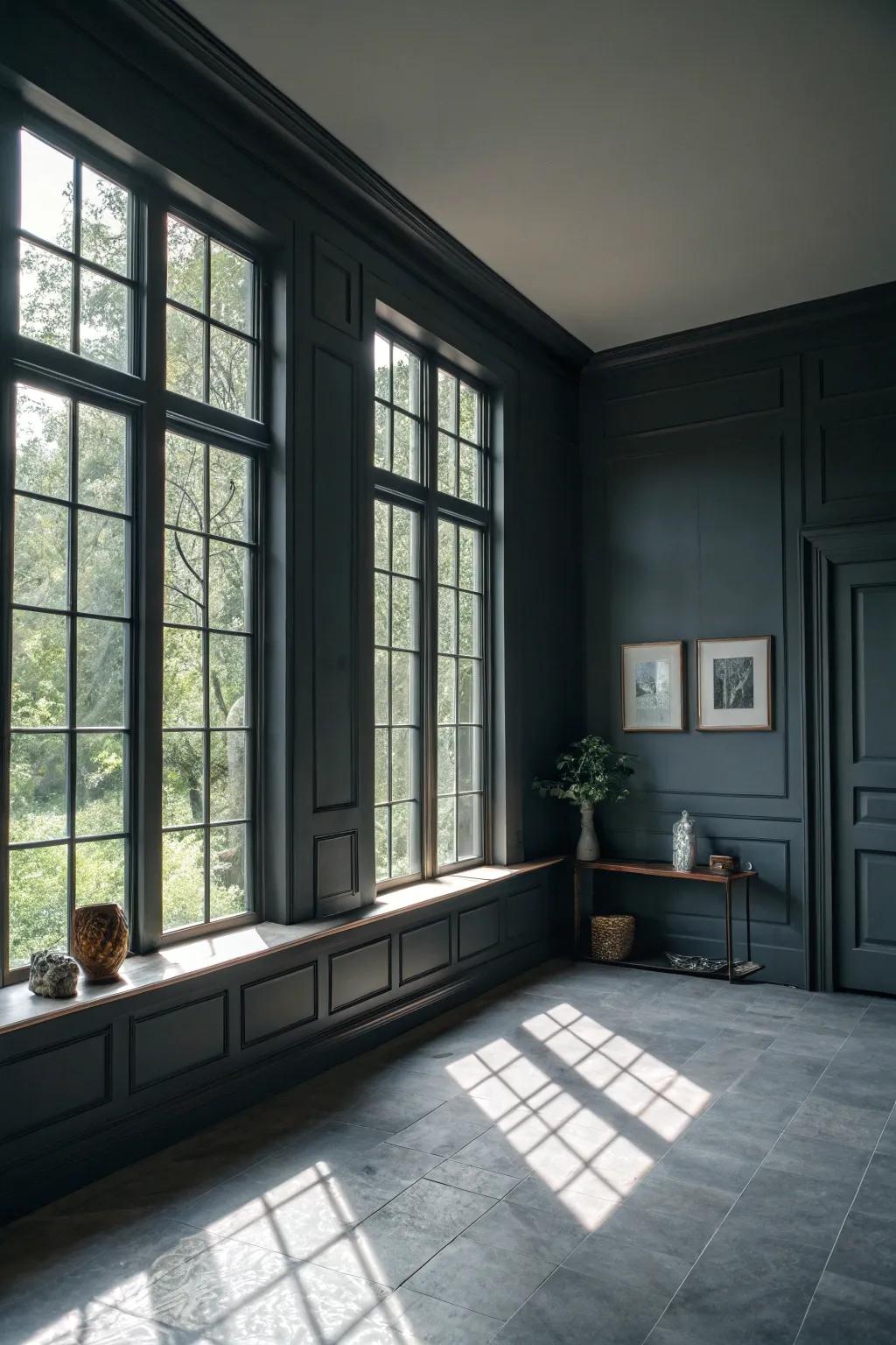 Natural light balancing the deep tones in a charcoal room.