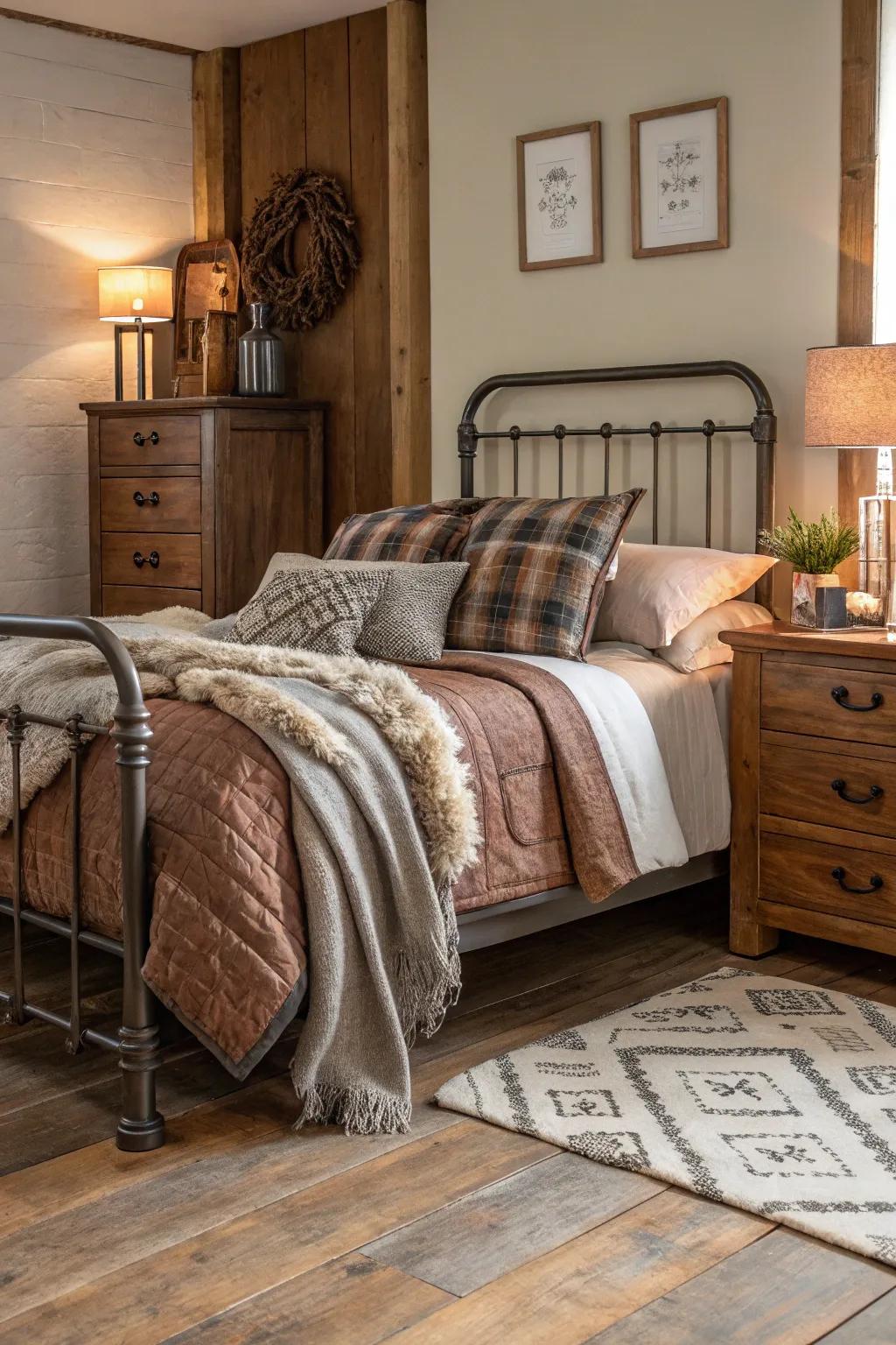 A fusion of textures introduces dimension and richness to the bedroom.