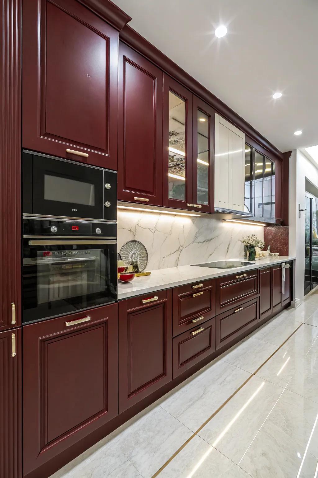 Spirited culinary space with a medley of radiant and subdued tinted ruby fixtures.