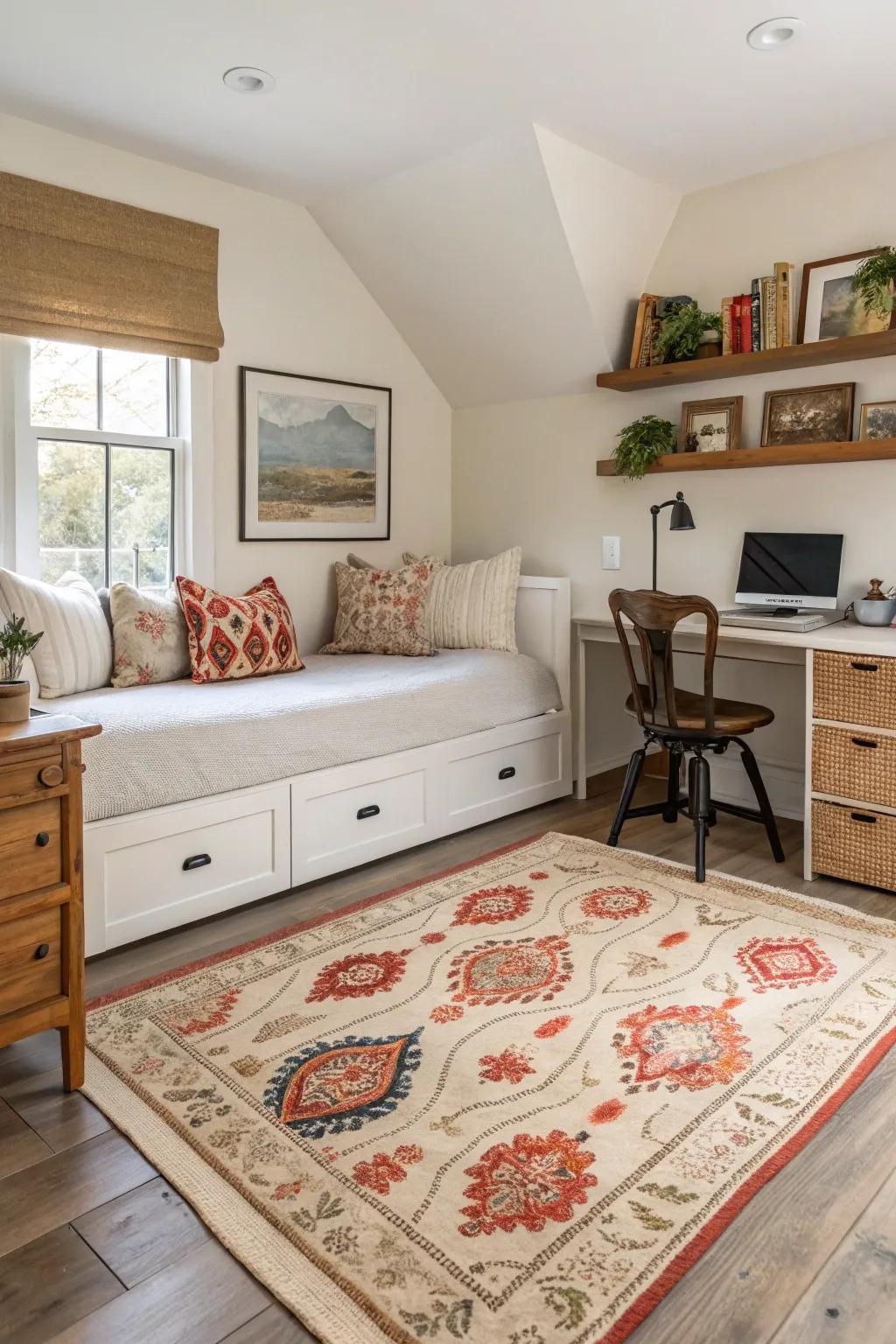Rugs aid in distinguishing areas and adding warmth to a multi-use area.