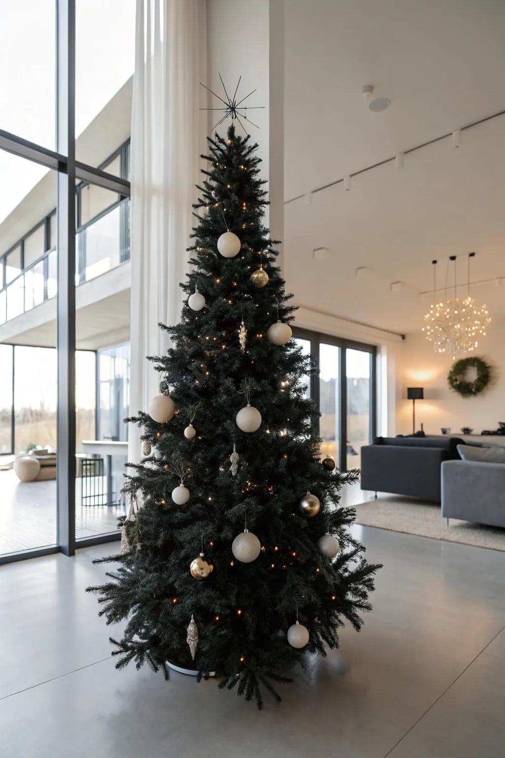 A minimalist ebony holiday fir with simple decorations.