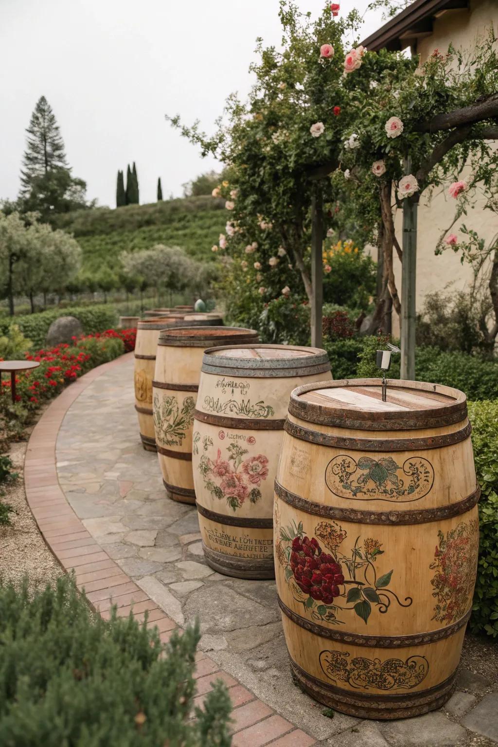 Barrels painted for a rustic, charming look