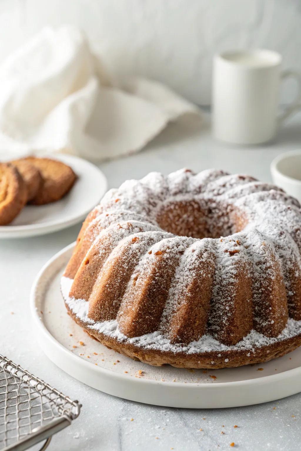 A ring cake dusted with powdered sugar to highlight its details.