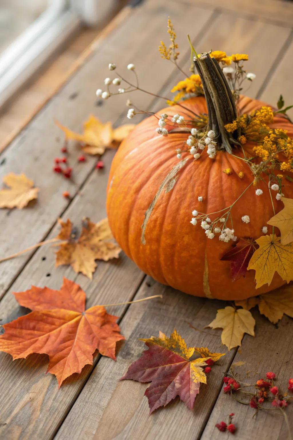 Embrace the natural world with a strikingly ornamented pumpkin utilizing foliage and blossoms.