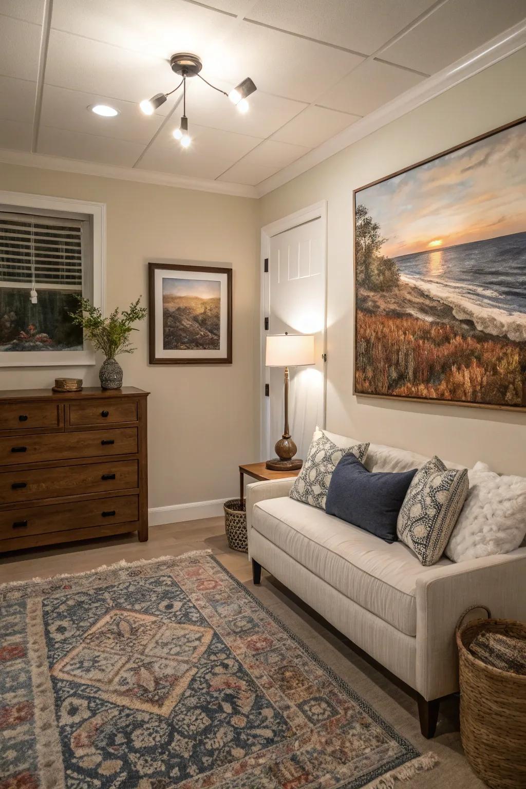 Art infuses personality and style without utilizing floor space.