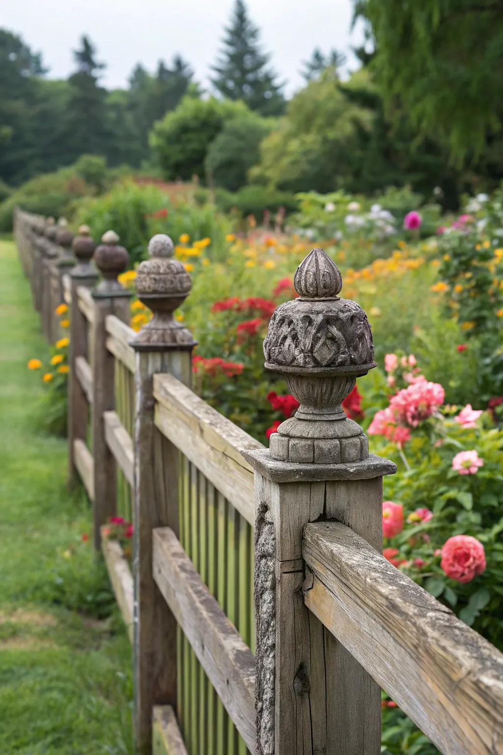 Ornamental pole ends enhance fence aesthetics.