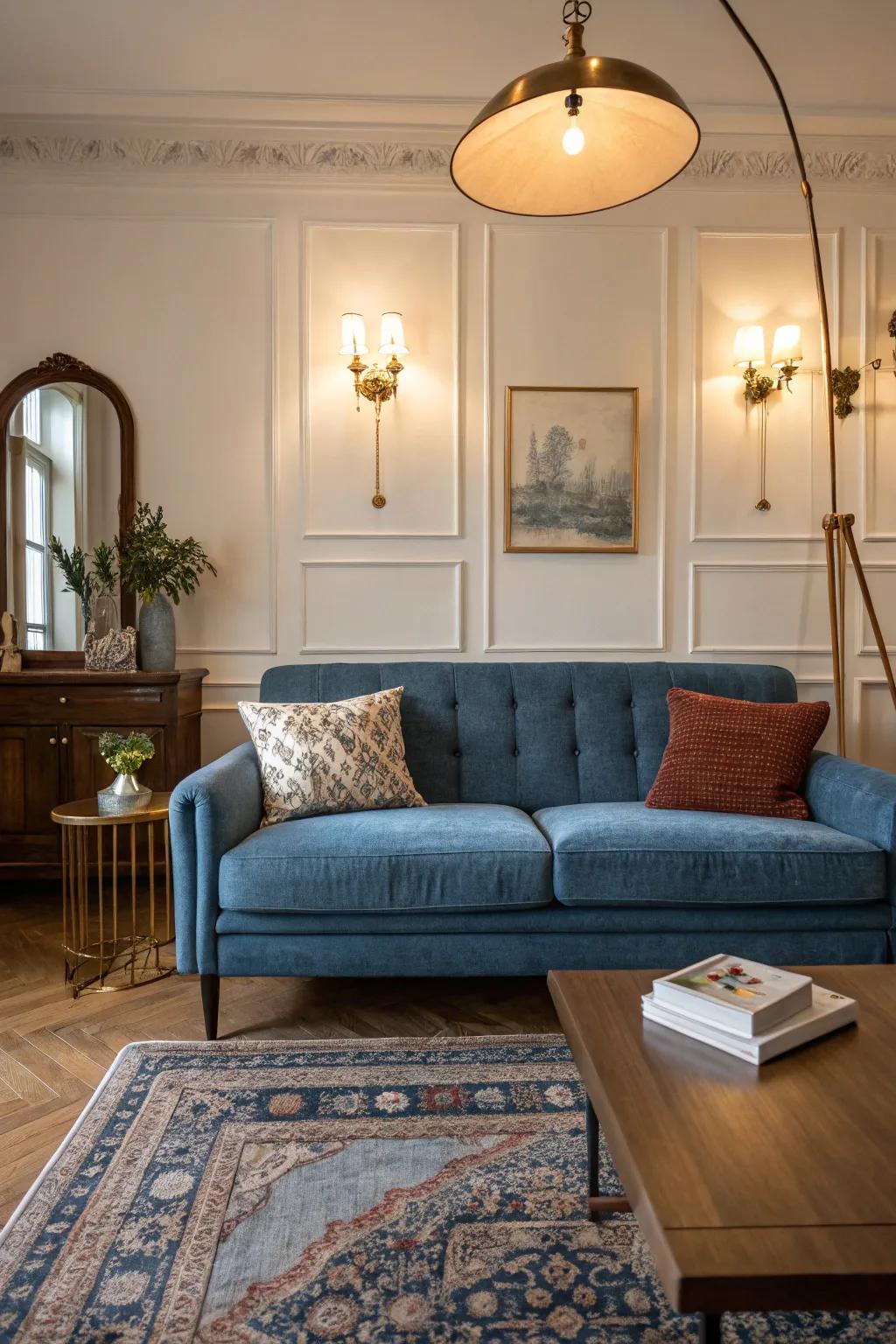 A fusion of contemporary and timeless components encircles a horizon hue couch.
