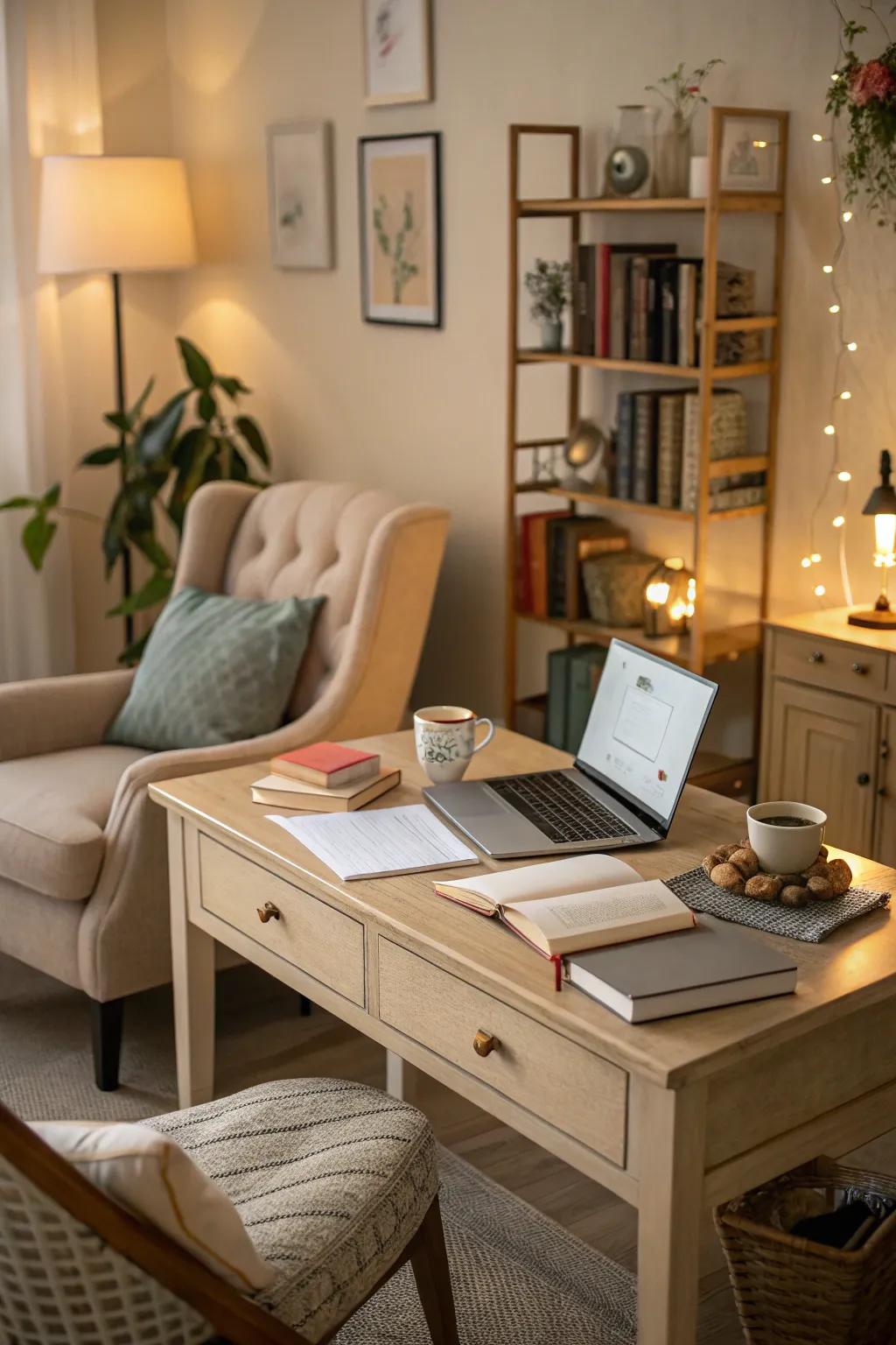 An ivory desk provides timeless warmth and comfort.