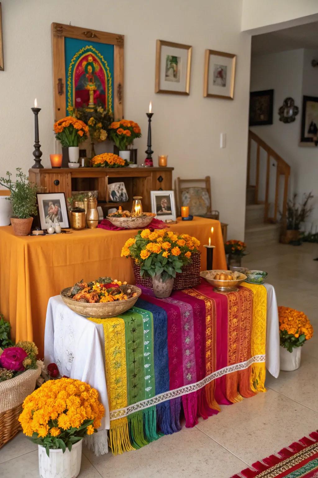 Vibrant tablecloths make a vibrant backdrop for the altar.