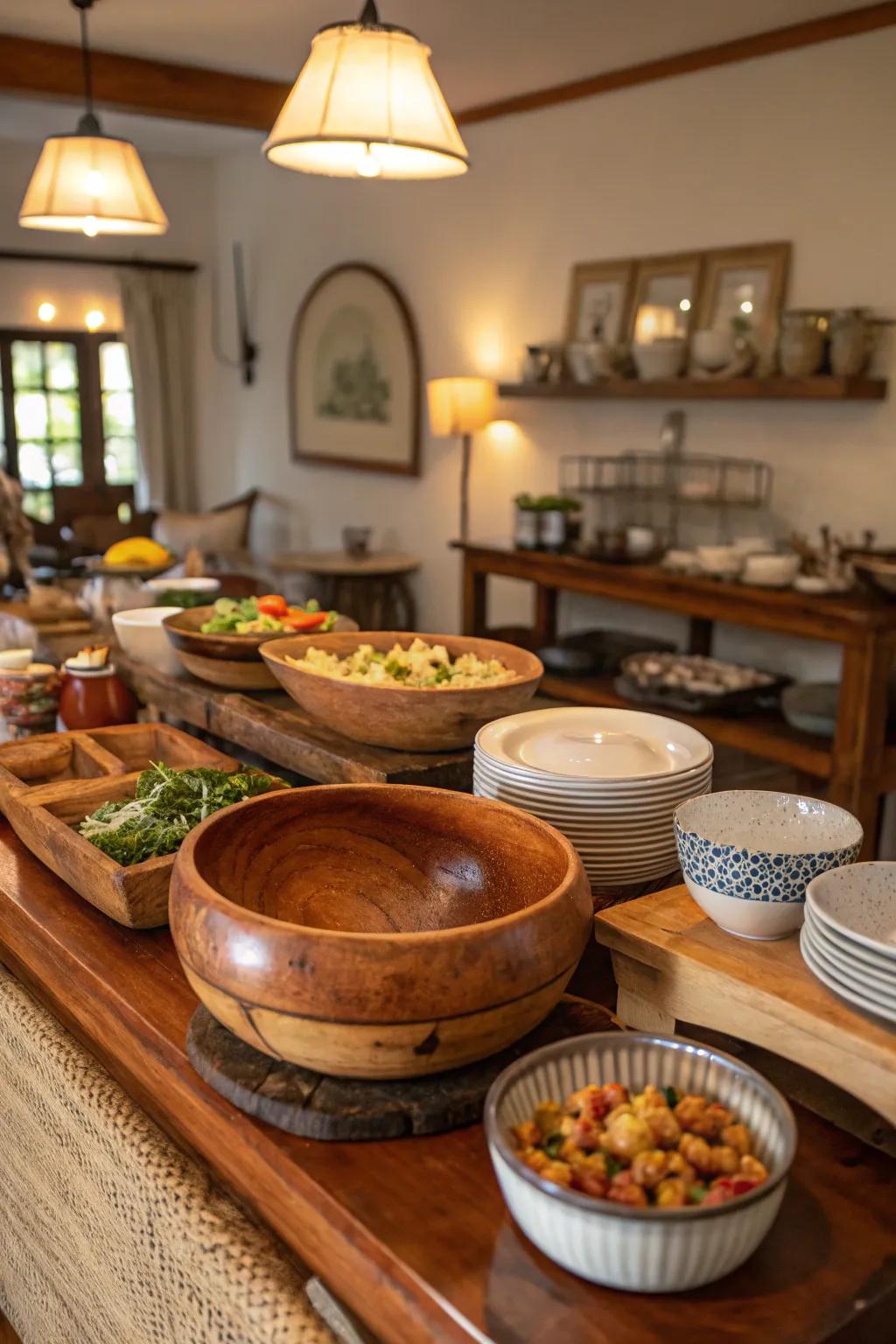 Natural nuances enrich this buffet arrangement with warmth and texture.