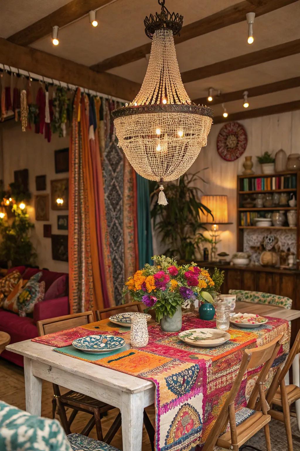 Bohemian style with a beaded chandelier for an artistic touch.