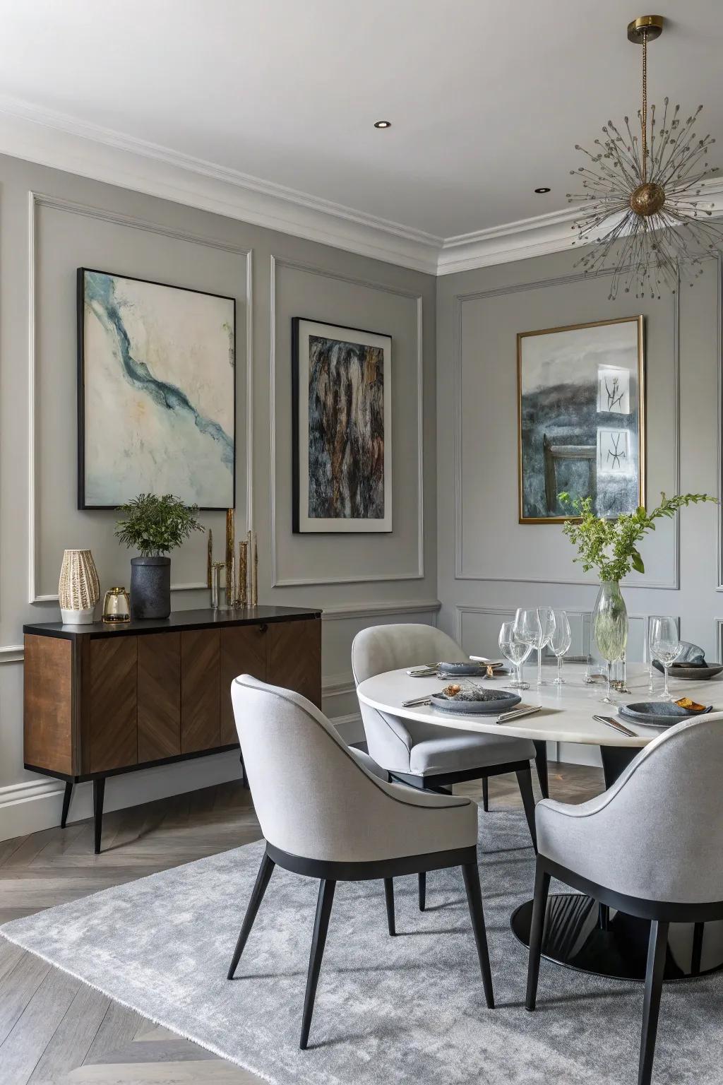 A modern dining space with calming gray hues.