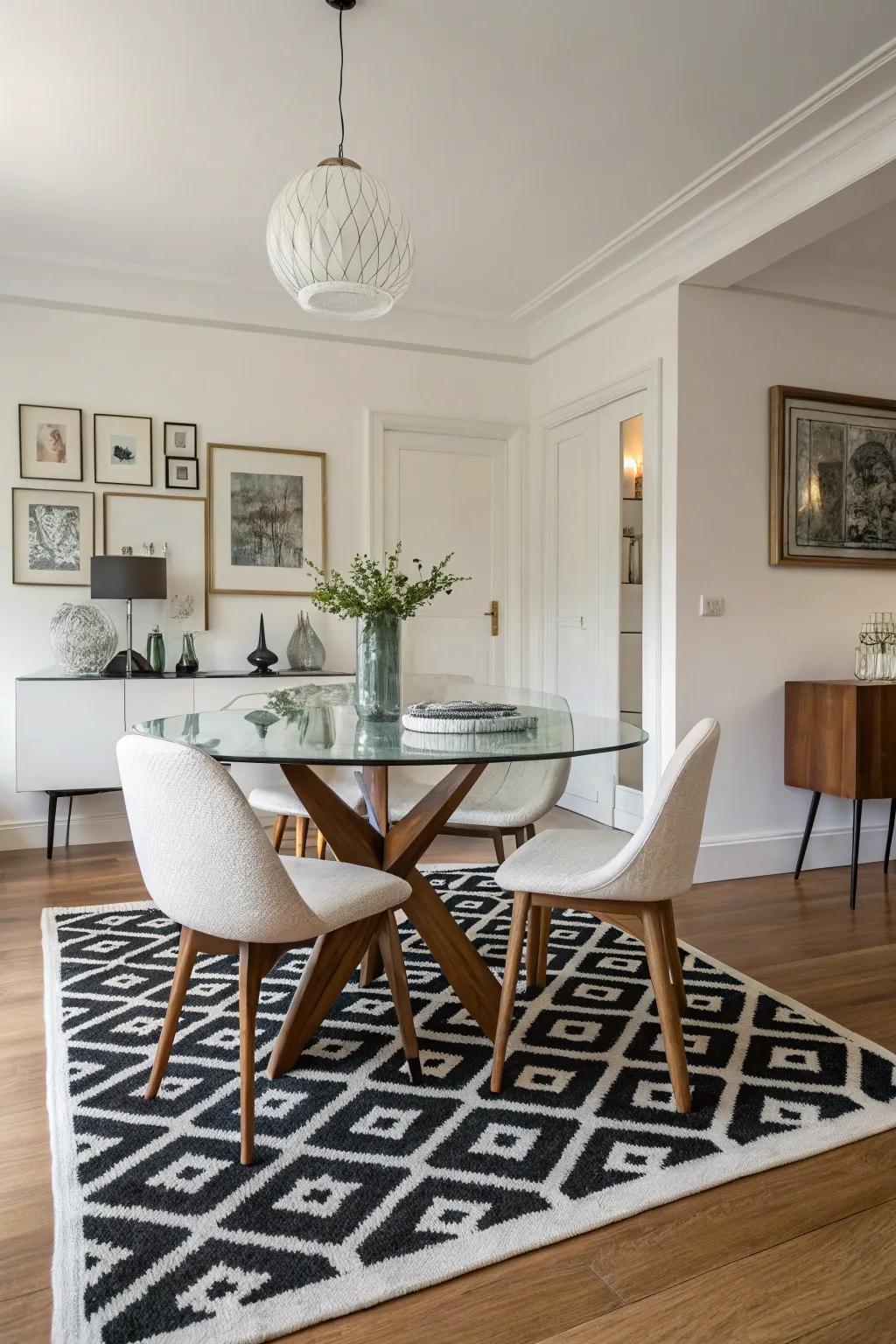 Singular tone rugs heightening the chic minimalism of the eating space.