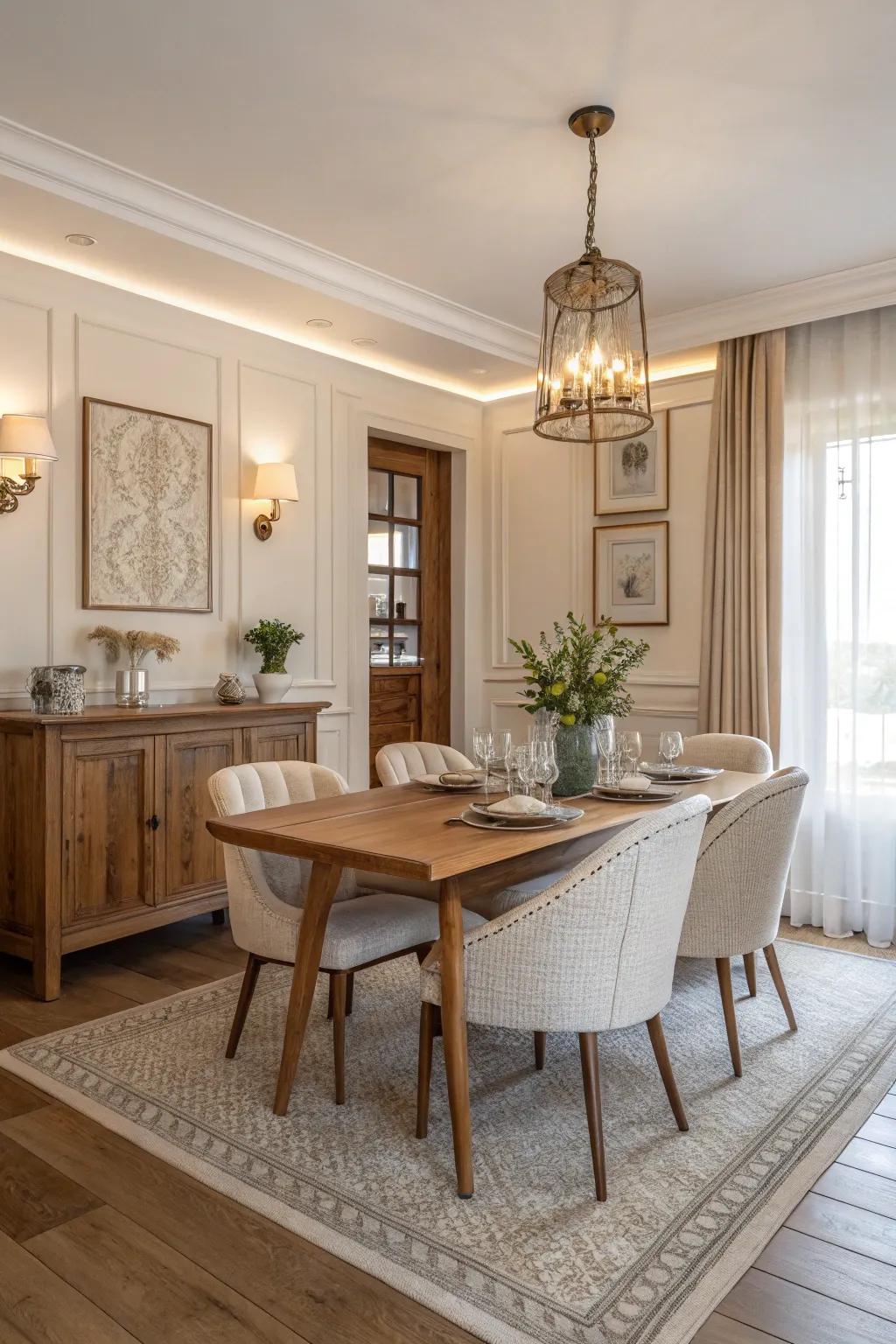Neutral color scheme with whites, beiges, and wood tones for a calming environment.