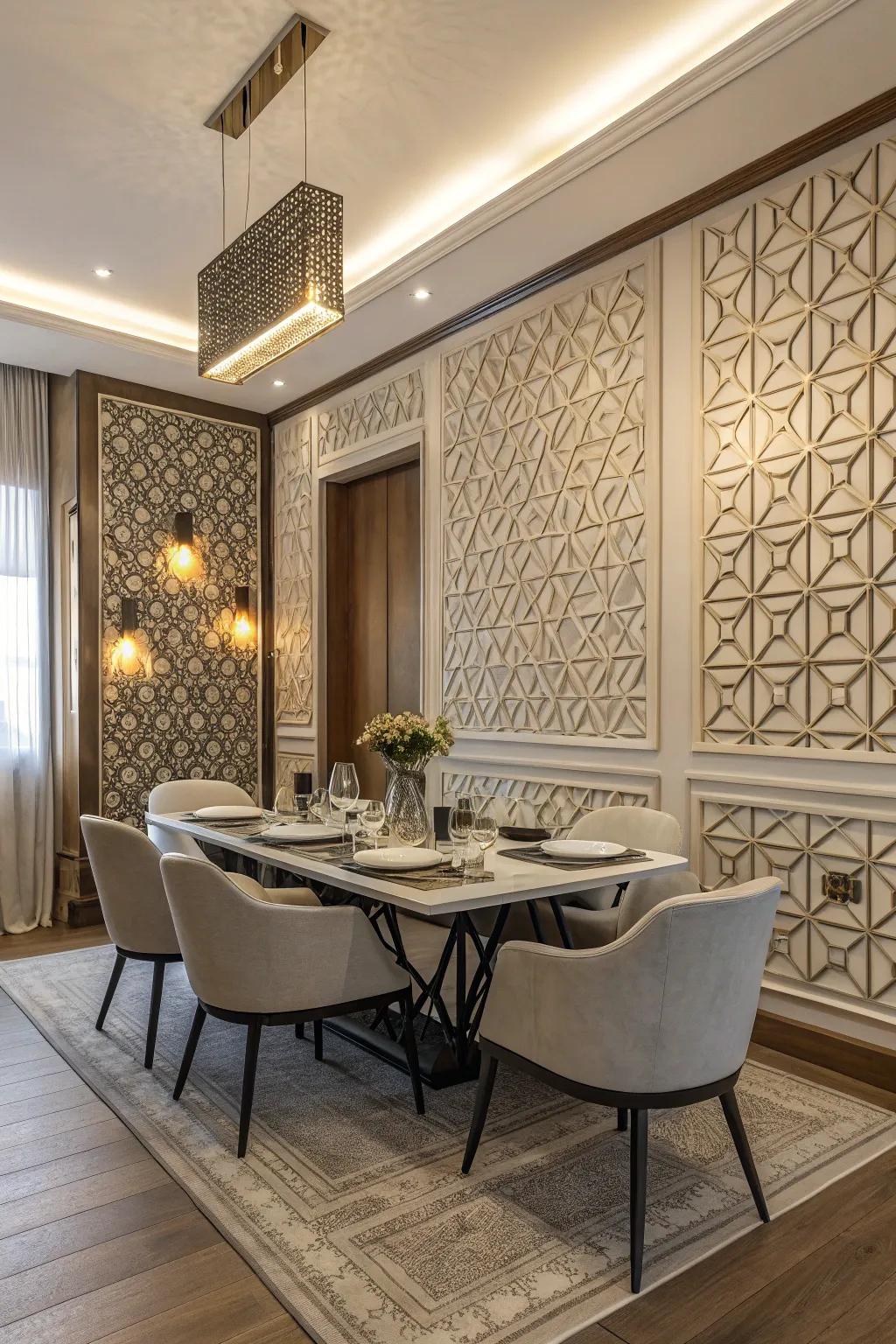Symmetrical patterned wainscoting incorporates a modern artistic touch to the dining space.