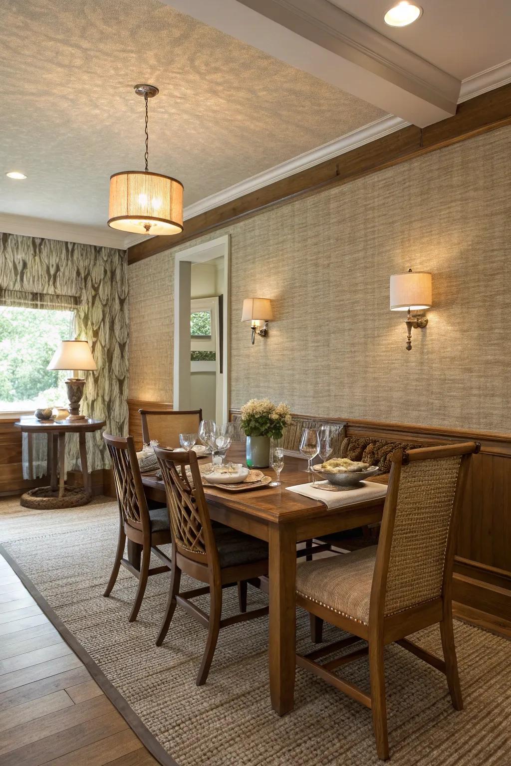 Structured wall covering contributes deepness and physical interest to this dining space.