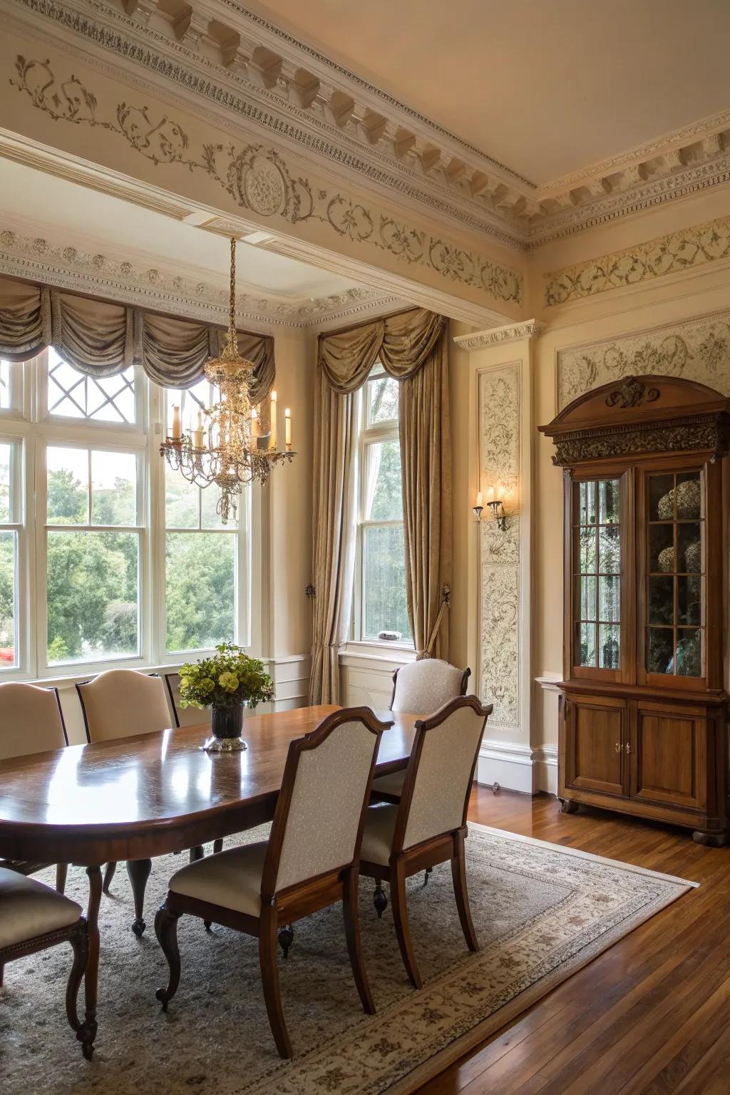 Architectural touches improve the style of your dining area windows.