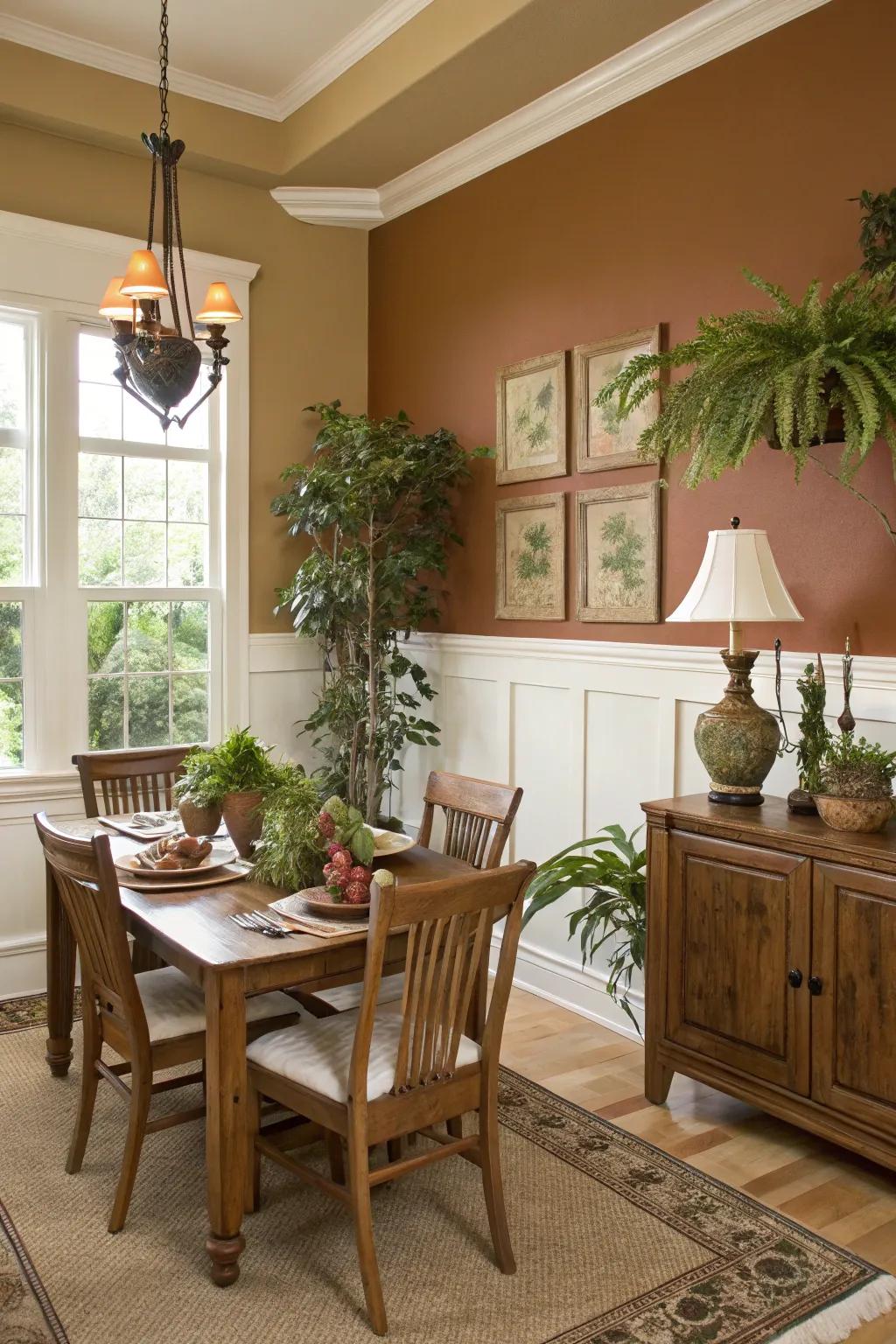 Terrestrial tones imbue warmth and coziness into the dining space.