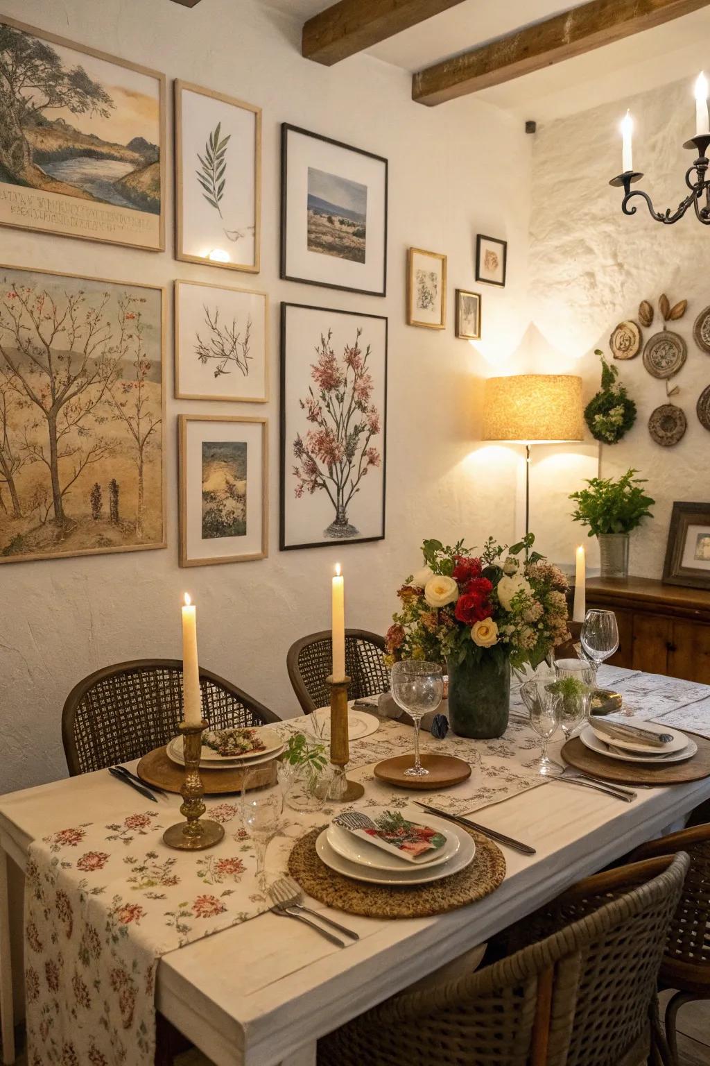 A dining area featuring wall art and ornamental components.