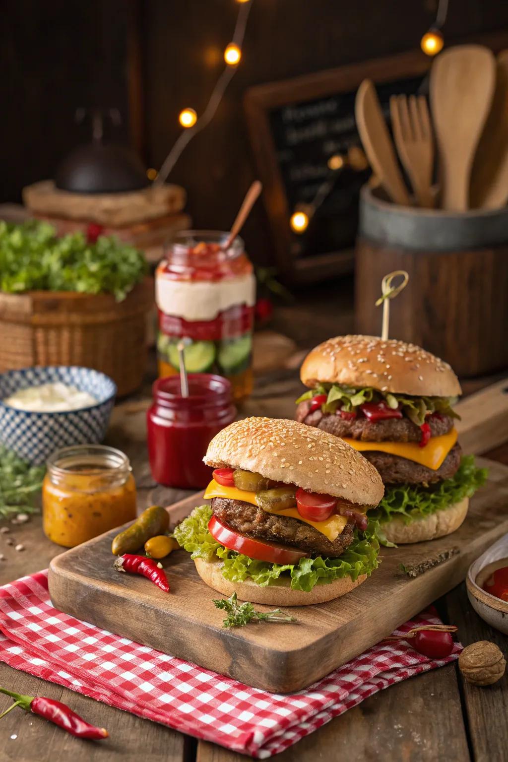 Develop customized hamburgers with a range of garnishes.