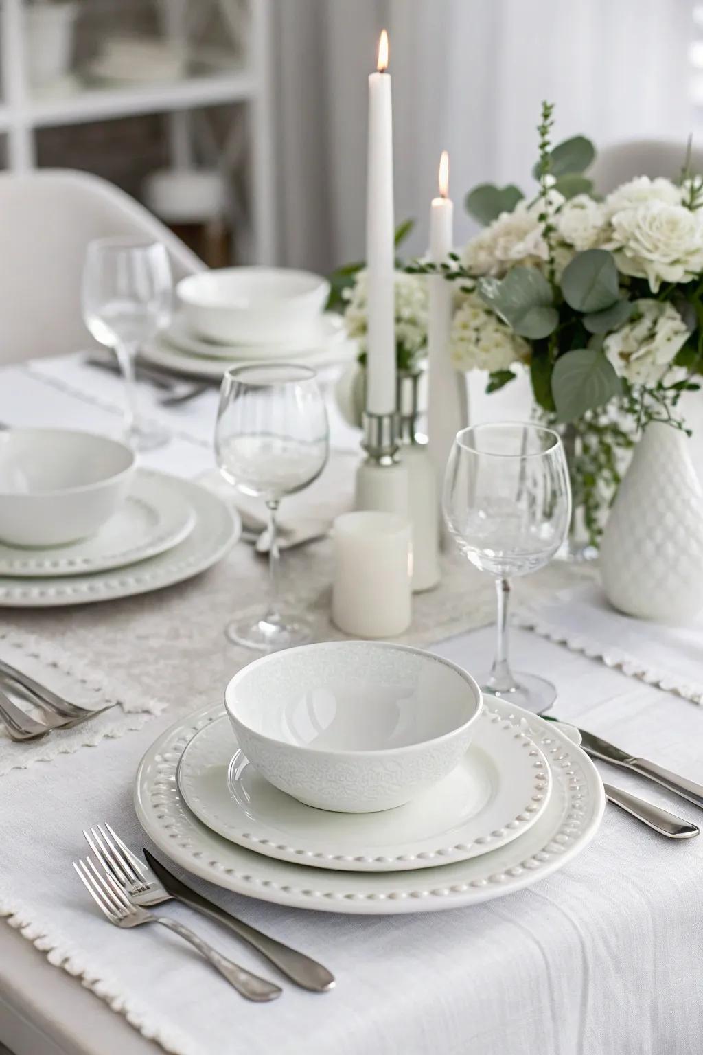 A single-shade table setting establishes a sleek and fashionable aesthetic.