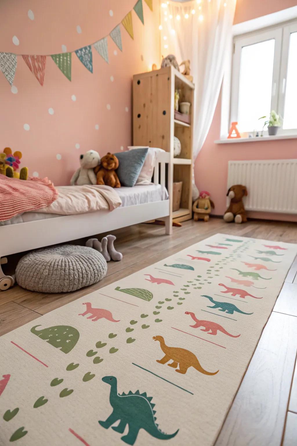 Dino footprint stickers inviting playful interaction throughout the room.